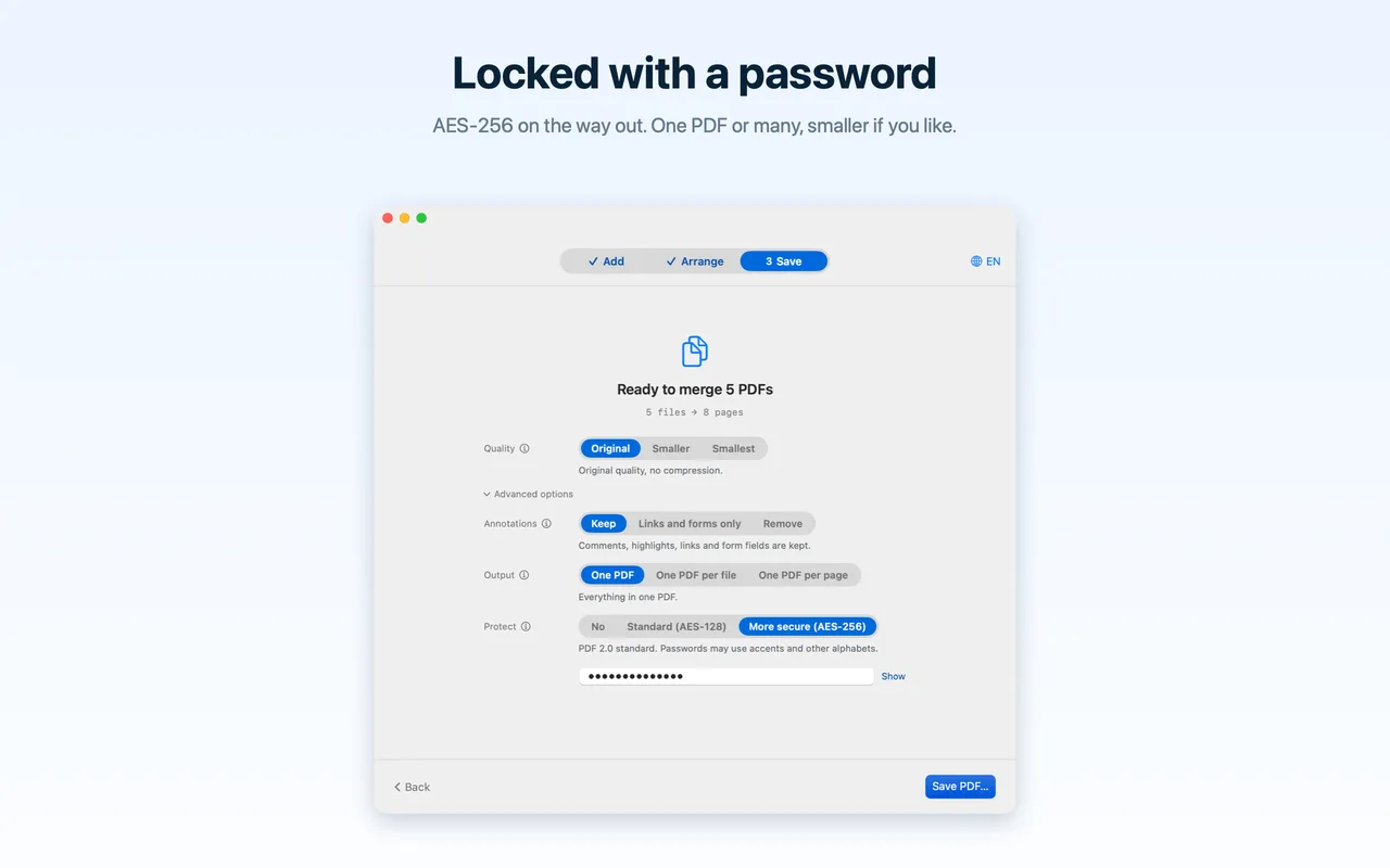 The Save step on macOS with Advanced options open: Quality, Annotations, Output and Protect set to More secure (AES-256), with a password typed.