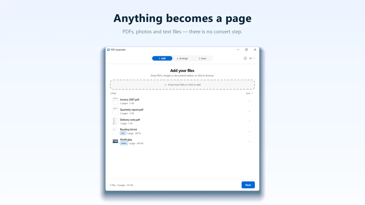 A list of added files on Windows, including an image and a text document converted to pages.