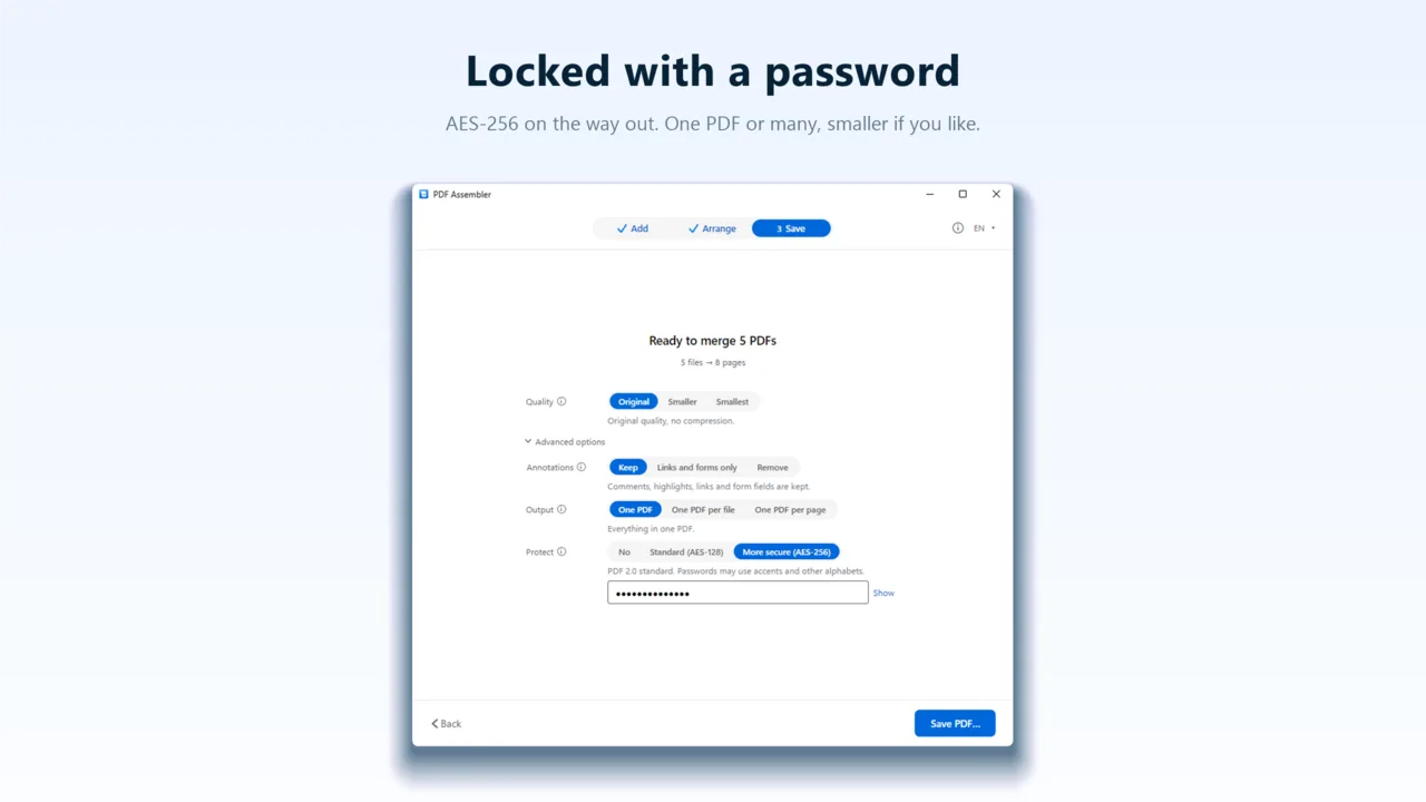 The Save step on Windows with Advanced options open: Quality, Annotations, Output and Protect set to More secure (AES-256), with a password typed.